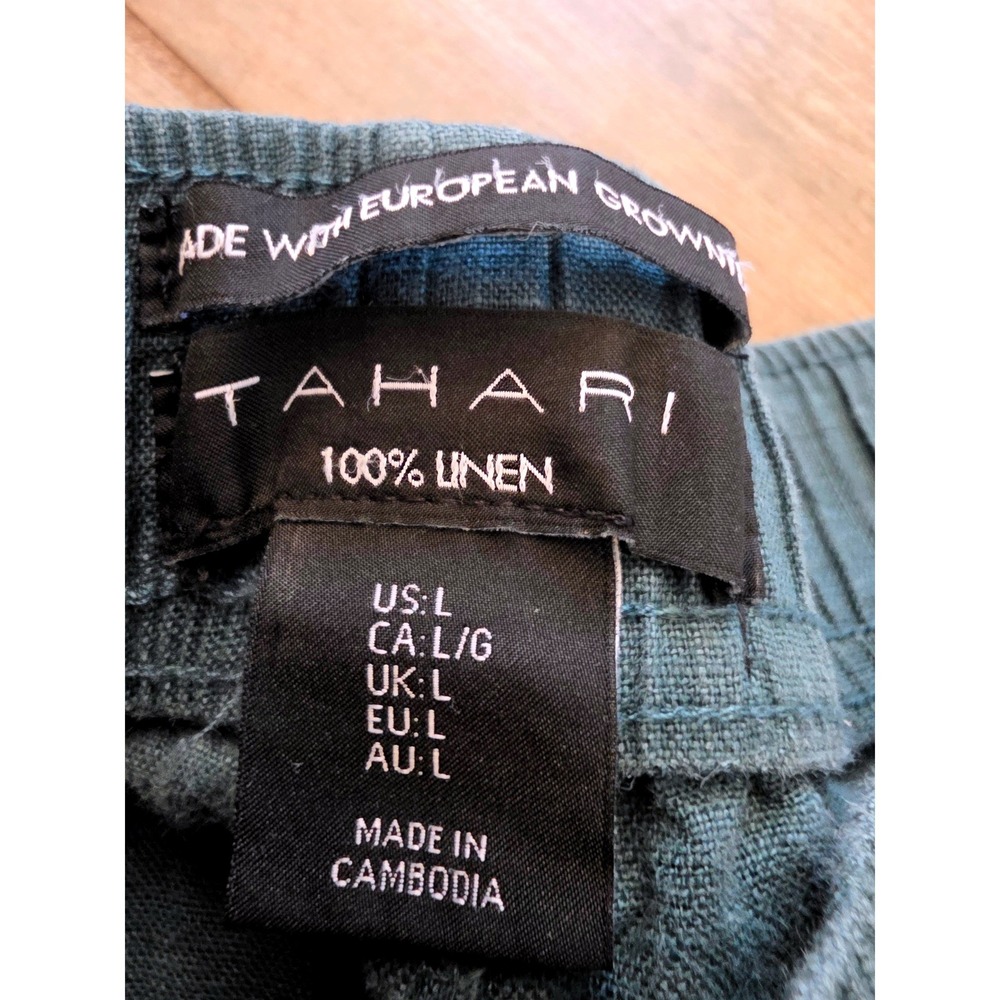 Tahari Women Teal Blue 100% Linen Wide Leg Cropped Pants Elastic Waist Large - Picture 2 of 15